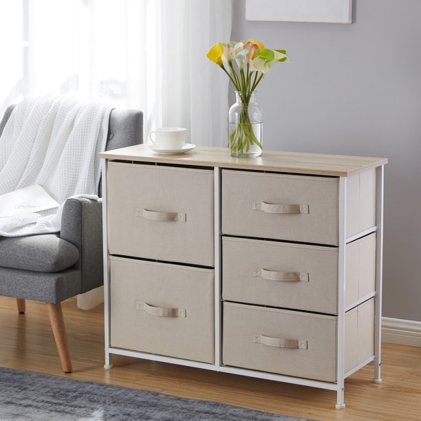 5 Drawer Wide Storage Dresser Tower Maple Wood Top Sturdy Metal