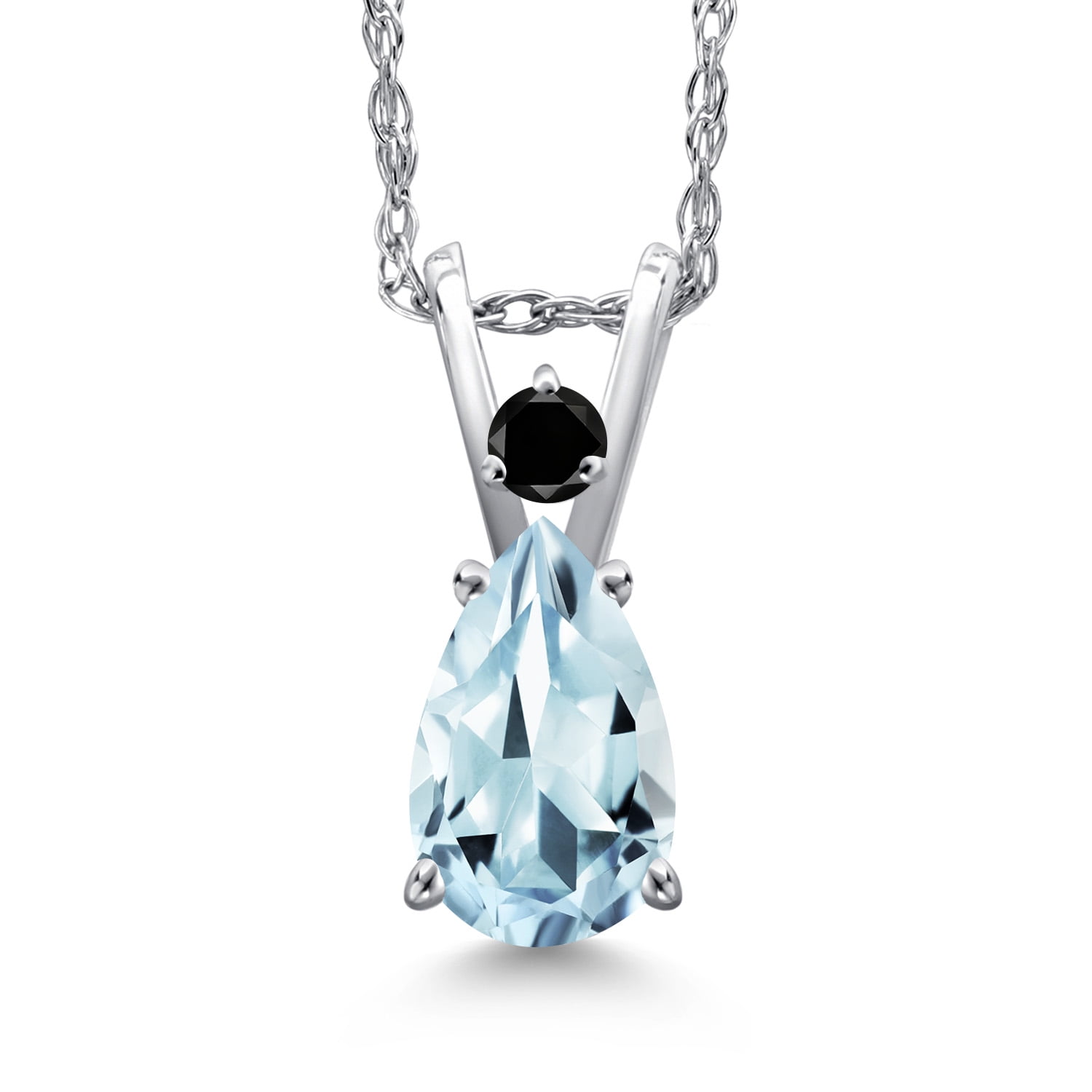 Gem Stone King 14K White Gold Sky Blue Aquamarine and Black Diamond Pendant Necklace for Women | 0.68 Cttw | Gemstone March Birthstone | Pear Shape 7X5MM | With 18 inch Chain