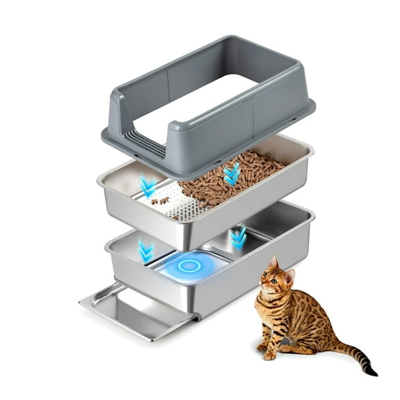 Stainless Steel Sifting Litter Box with Lid, Pine Pellet Compatible, Built-in Sifter for Big Cats, No Waste Bag Needed, Easy to Clean & Durable, 23.6'' x 15.6'' x 12''