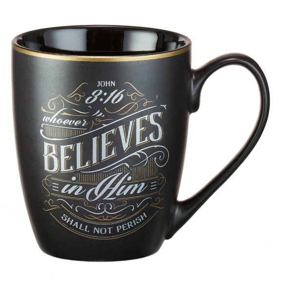 Christian Encouragement Gifts for Men/Women Matte Black Coffee Mug w/Metallic Font Scripture Verses “Whoever Believes In Him” John 3:16 12oz Stoneware