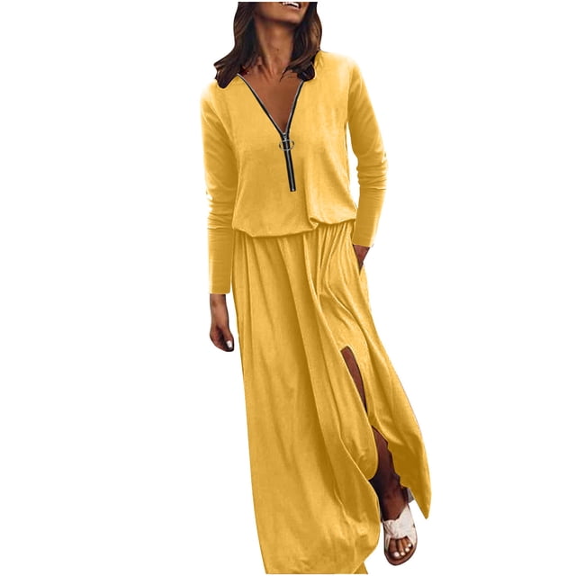 Gspmoly Robes d'Été pour Femmes, Robe Décontractée à Taille pour Femmes à Manches Longues avec Fermeture Éclair, Robe à Col en V, Robes de Cocktail, Liquidation