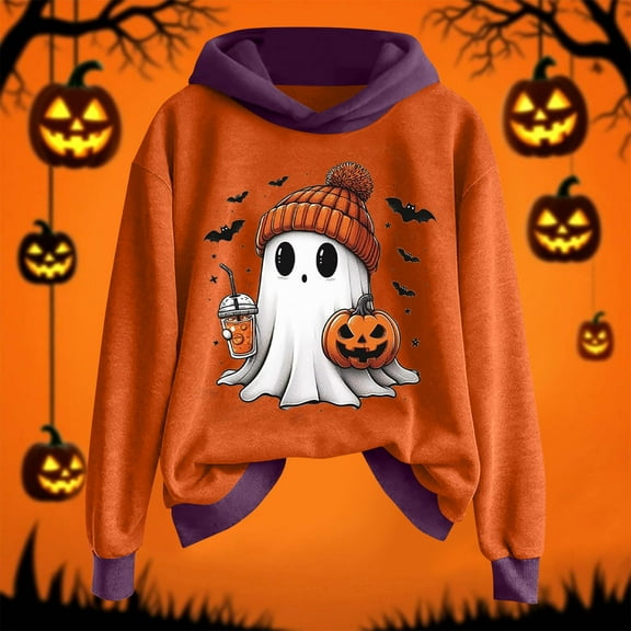 GuzomFashion Womens Purple Hall-oween Hoodie - Ghost Pumpkin Bat Graphic, 100% Polyester Long Sleeve, Relaxed Fit Asymmetrical Hem, Size S-XXXXXL,Size XL