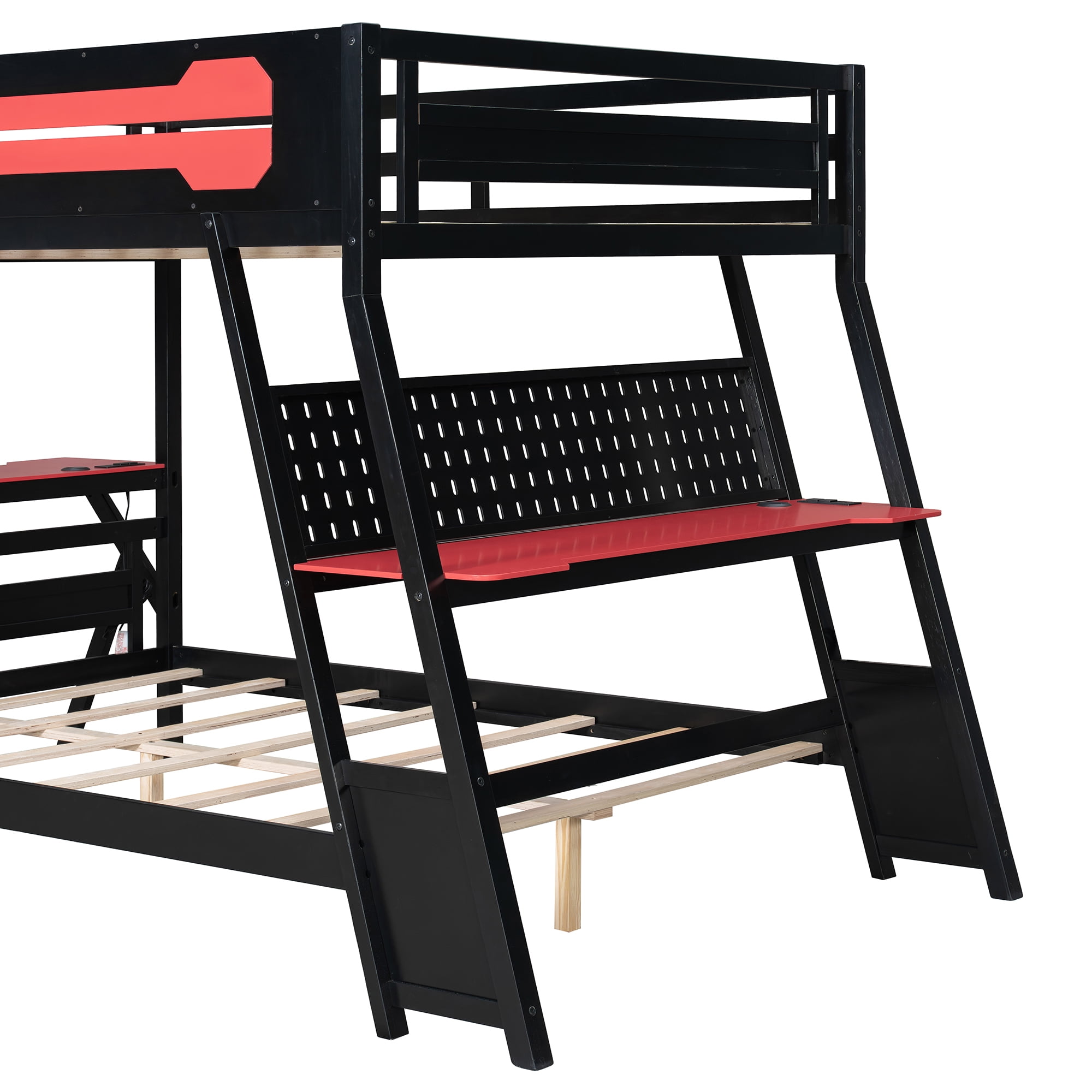 Aukfa Full over Full Bunk Bed with Built-In Desks, USB Charging Ports & Pegboard Organizer, Wood E-Sports Gaming Bed Frame for Kids/Teens, Red