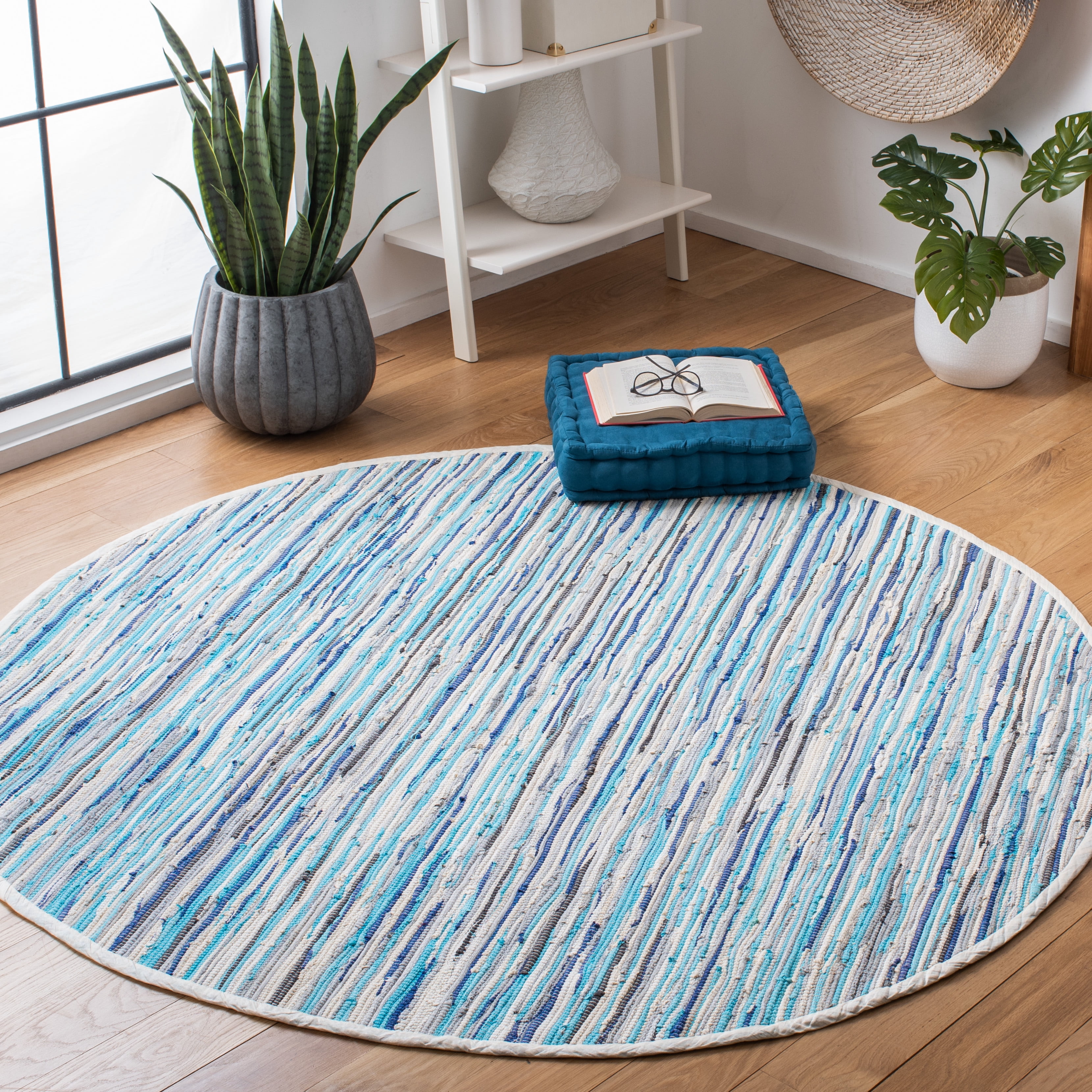 SAFAVIEH Rag Elena Striped Cotton Area Rug, Turquoise/Multi, 4' x 4' Round