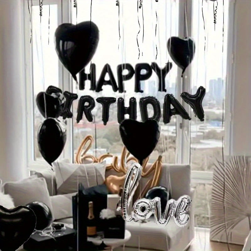 218pcs Black 16.0 Inch Birthday Balloons with Black Heart-Shaped Aluminum and Silvery Love Balloons, Including Black Petals - Perfect for Birthday Parties and Romantic Celebrations