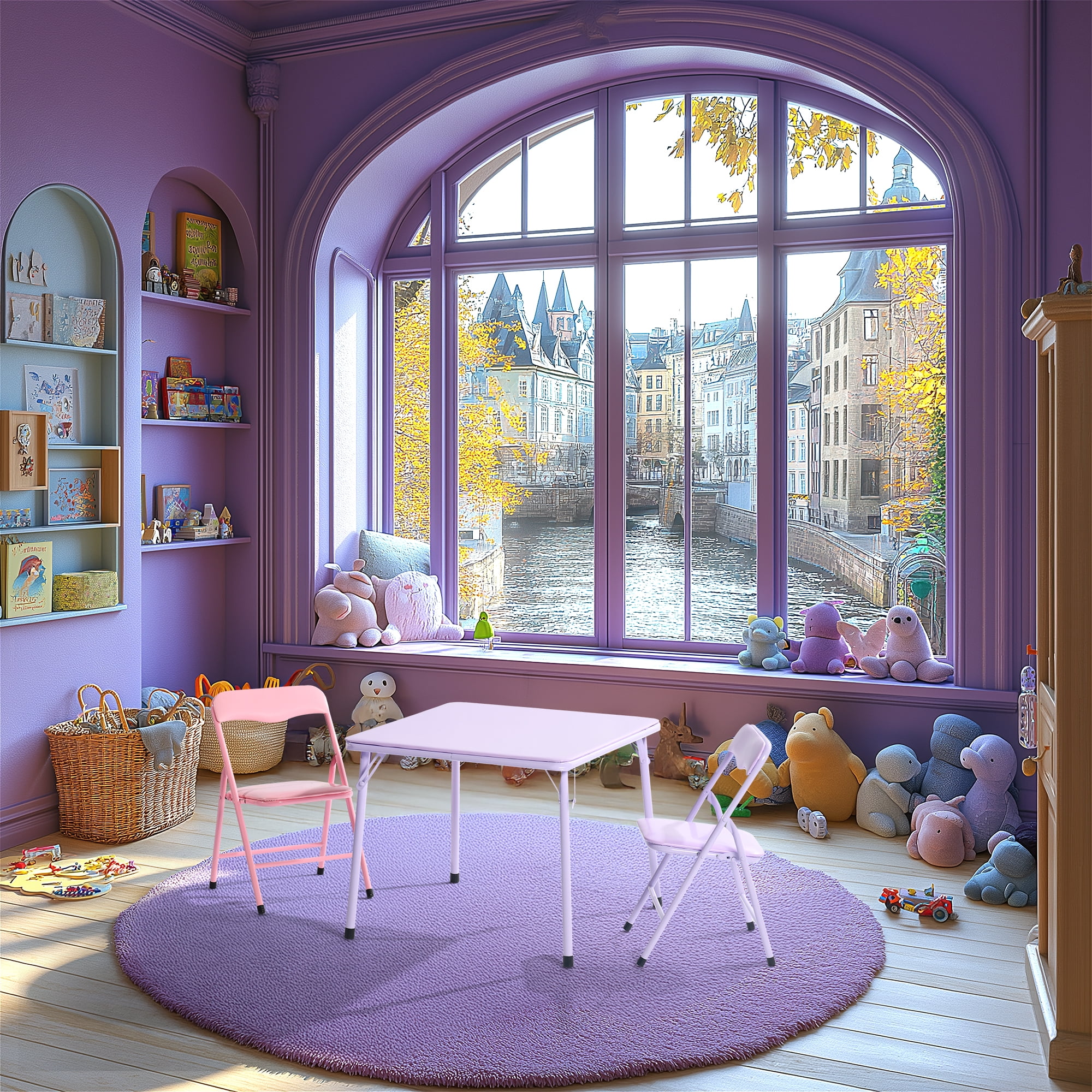 Homy Casa 5 Piece Foldable Kids Table and Chair Set, Compact Plastic Desk and Seat for Playroom Study Area, Purple