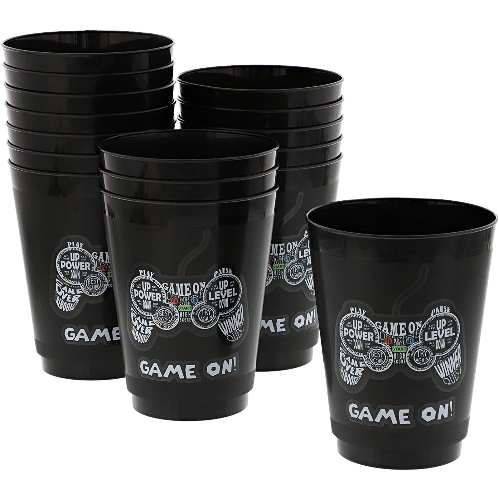 16 Pack 16 oz Video Game Plastic Stadium Cups, Black Reusable Tumblers for Kids Gamer Gaming Birthday Party Supplies