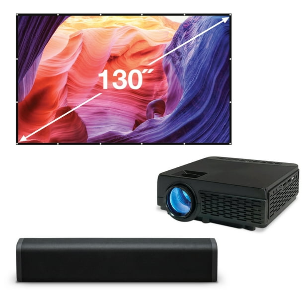 GPX Mini Video Projector with 130" Screen and Bluetooth Speaker Bundle