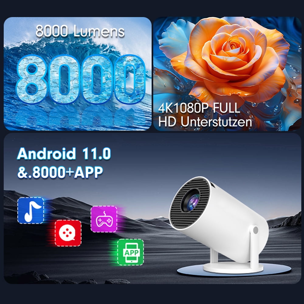 4K Supported Native 720P Full HD Mini Projector - Android 11, Auto Keystone Correction, WiFi 6 & Bluetooth 5.2, Portable Smart Projector for Home Theater/Outdoor