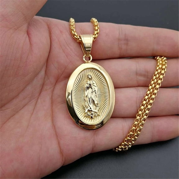 Religious Madonna Virgin Mary Necklace Pendant Female 14K Yellow Gold Chains For Women Christian Jewelry D162