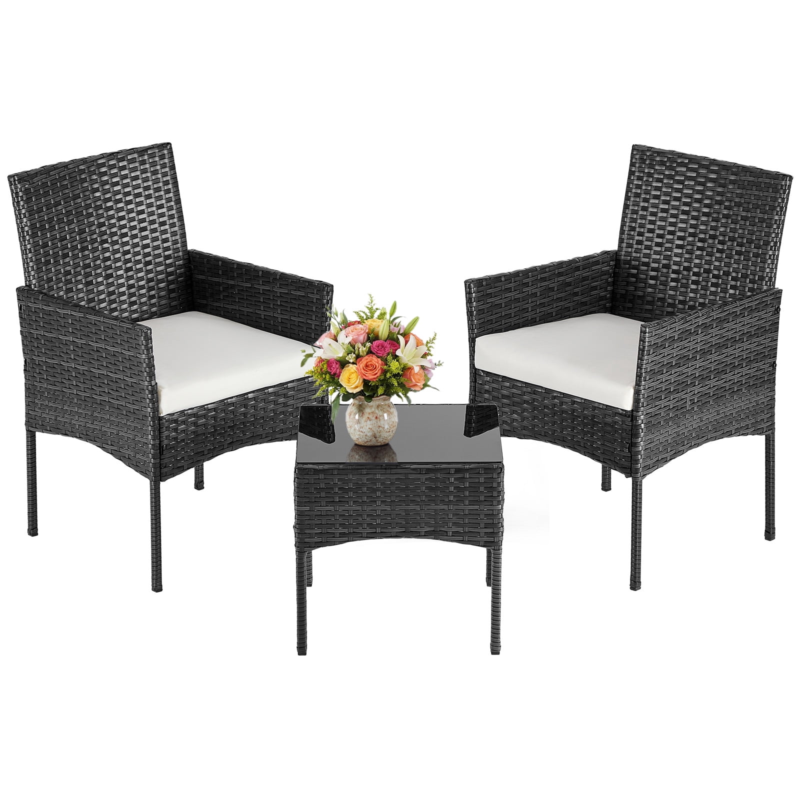 Patio Porch Furniture Sets 3 Pieces PE Rattan Wicker Chairs with Table Outdoor Garden Conversation Set with Removable Cushions, Black