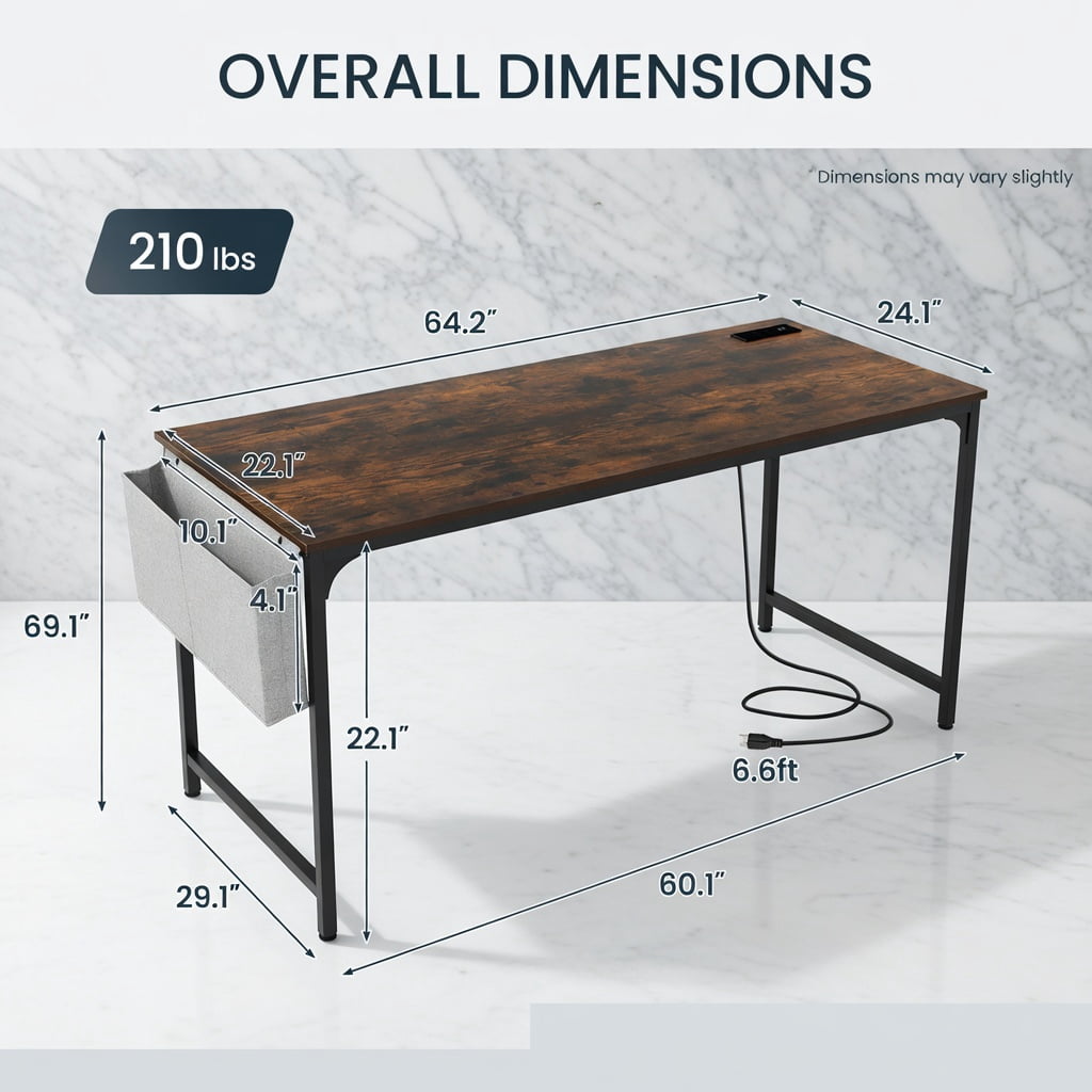 Yardi Yard 60 Inch Computer Desk with Charging Station Storage Bag-Rustic Brown, Computer Desk, Gaming Computer Desks for Study,Working,Writing