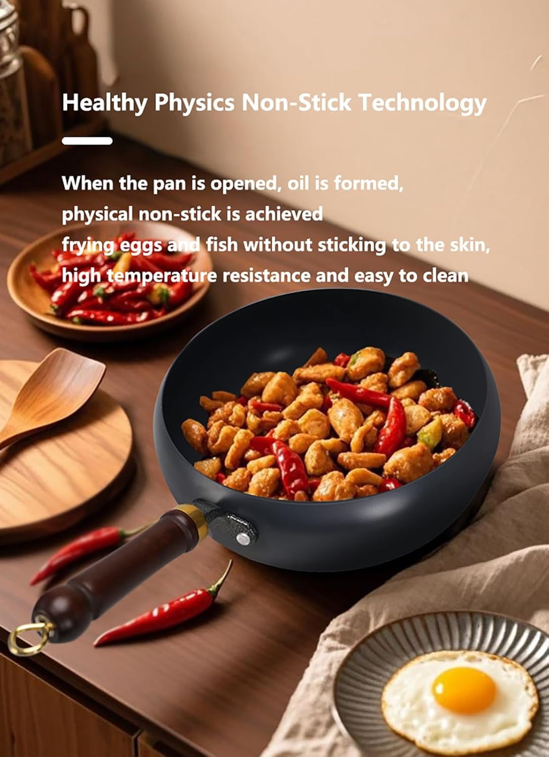 Hand-Forged Iron Wok with Wooden Lid, Japanese Non-Coated Nonstick Frying Pan, for Gas Stove, Induction Cooktop – Flat Bottom Stir Fry Pan for Home Kitchen Cooking (9.5in)