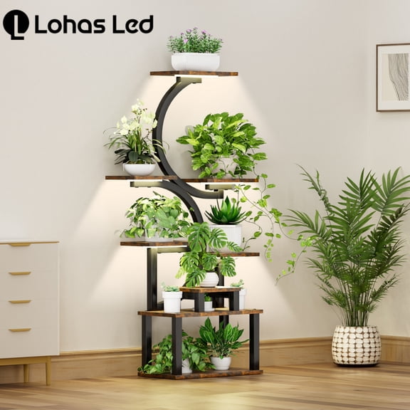 Lohas Led 8-Tier Indoor Plant Racks with 5 Grow Lights, 10-Level Stepless Dimming Metal Plant Stand for Living Room, Garden