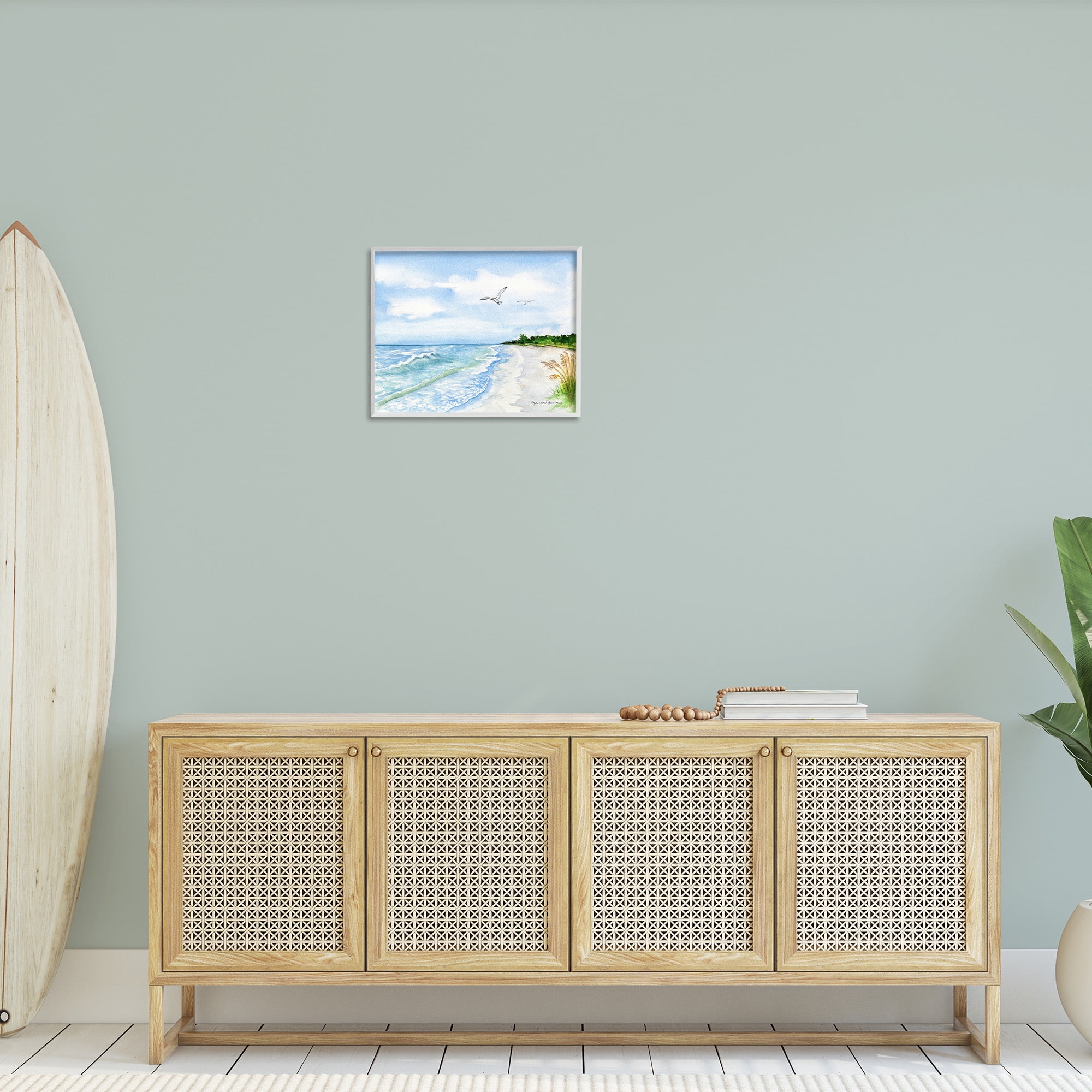 Stupell Industries Traditional Seagull over Beach Landscape Painting White Framed Art Print Wall Art, 20 x 16