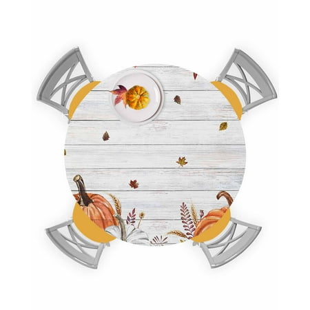 

Round Tablecloth with Elastic Fall Thanksgiving Orange White Pumpkin Bird Maple Leaves Rustic Wood Grain Waterproof Stain-proof Table Cover Fitted Table Cloths for 36 -44 Round Tables Dining Kitchen