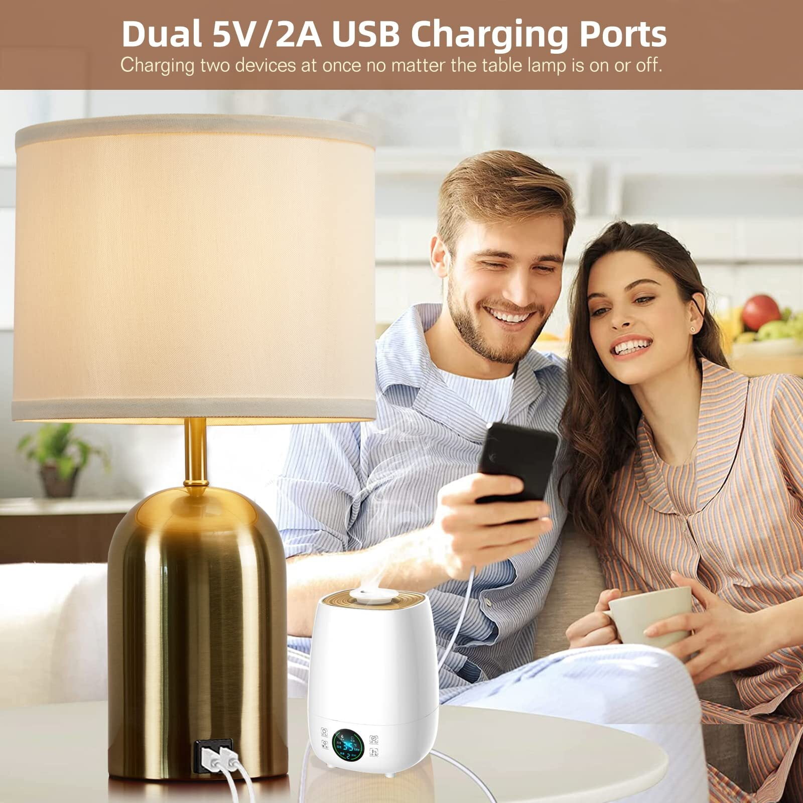 NATYSWAN Touch Control Table Lamps Set of 2, Bedside Table Lamps for Bedrooms Modern Living Room 3 Way Dimmable Gold Bedside Lamp for End Table with 2 USB Charging Ports, 2 Bulbs Included
