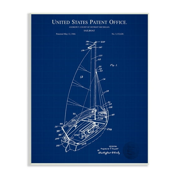 Stupell Industries Sailboat Watercraft Blue Patent Office Diagram Blueprint Wood Wall Art, 10 x 15, Design by Karl Hronek