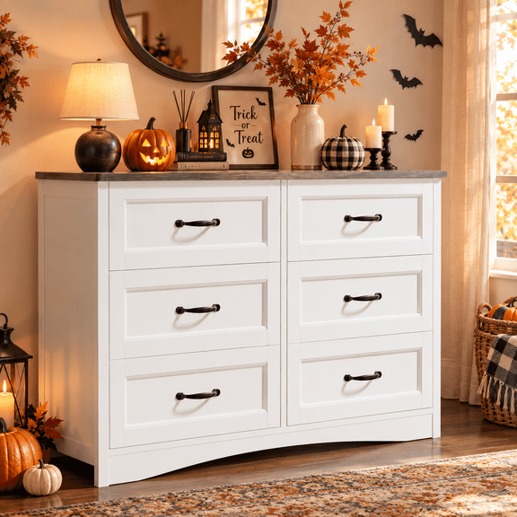 Dressers for Bedroom 6 Drawer, Gizoon White Dresser with Gray Top & Metal Handle for Closet/Hallway