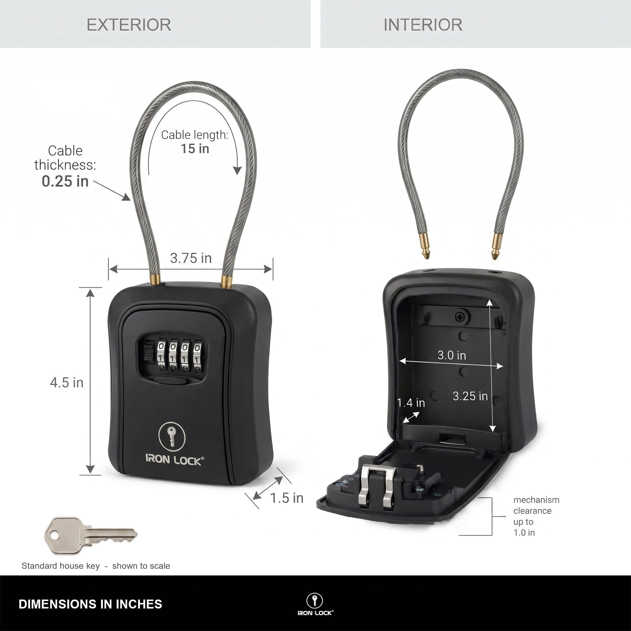 Iron Lock® Key Lock Box Portable with Cable Shackle & Wall Mount – Waterproof Metal Lock Box for Keys with 4-Digit Combination & Resettable Code – Indoor/Outdoor Key Safe (Black, Medium)