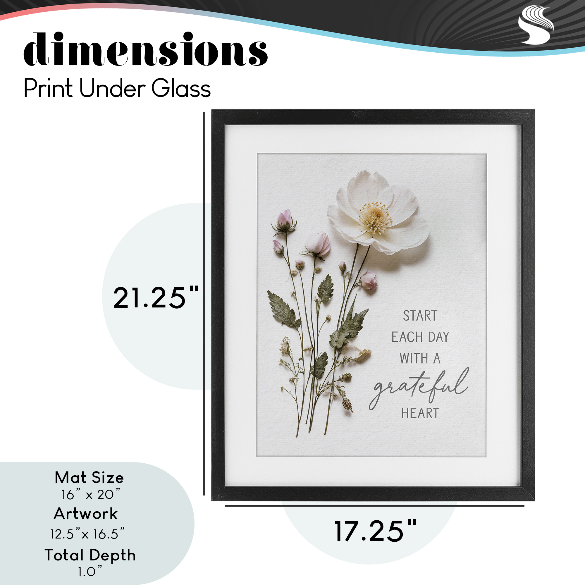 Grateful Heart Pressed Flowers Black Framed Print Under Glass, design by Lettered and Lined