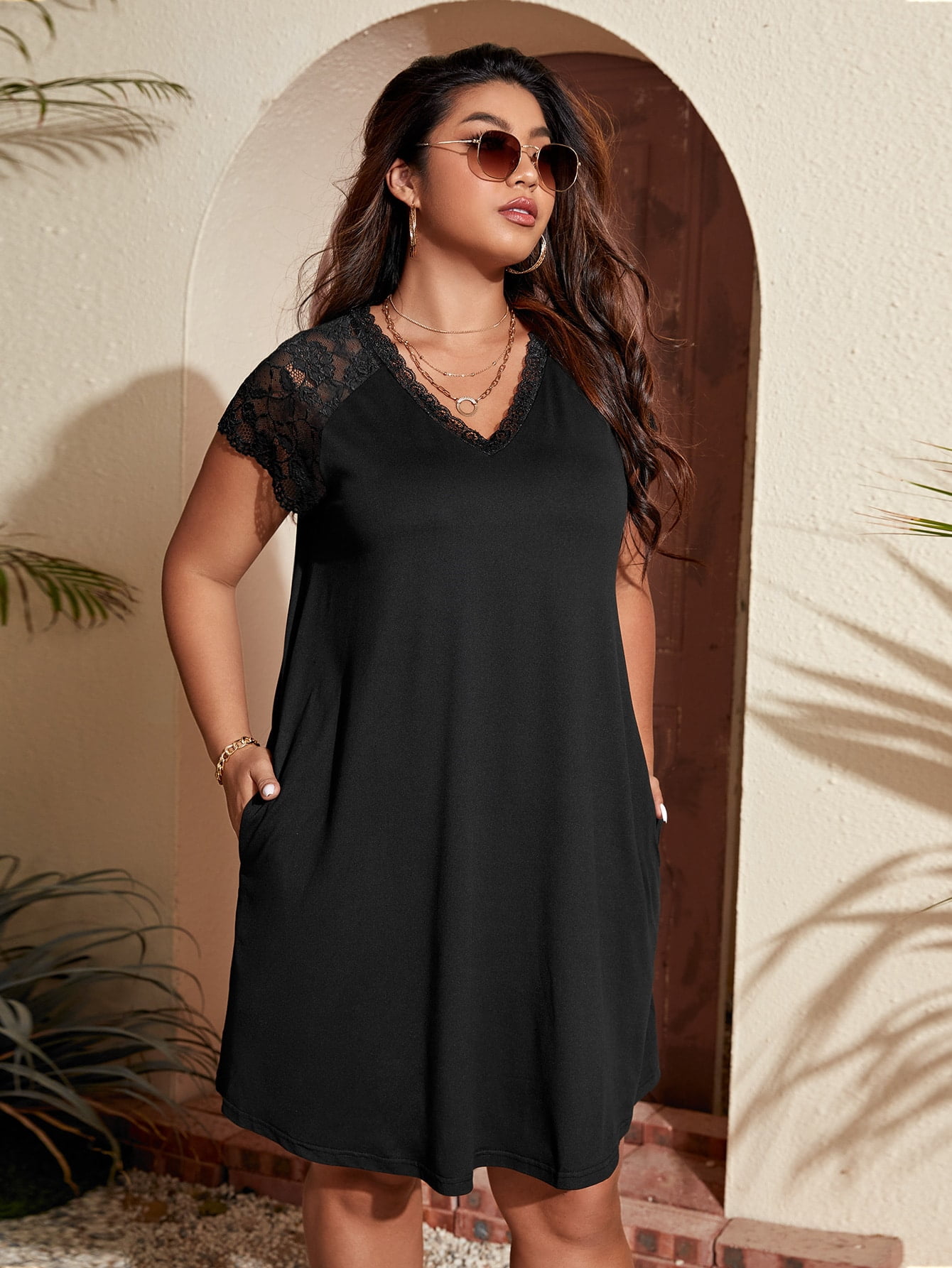 Black Casual Women's Plus Size Contrast 