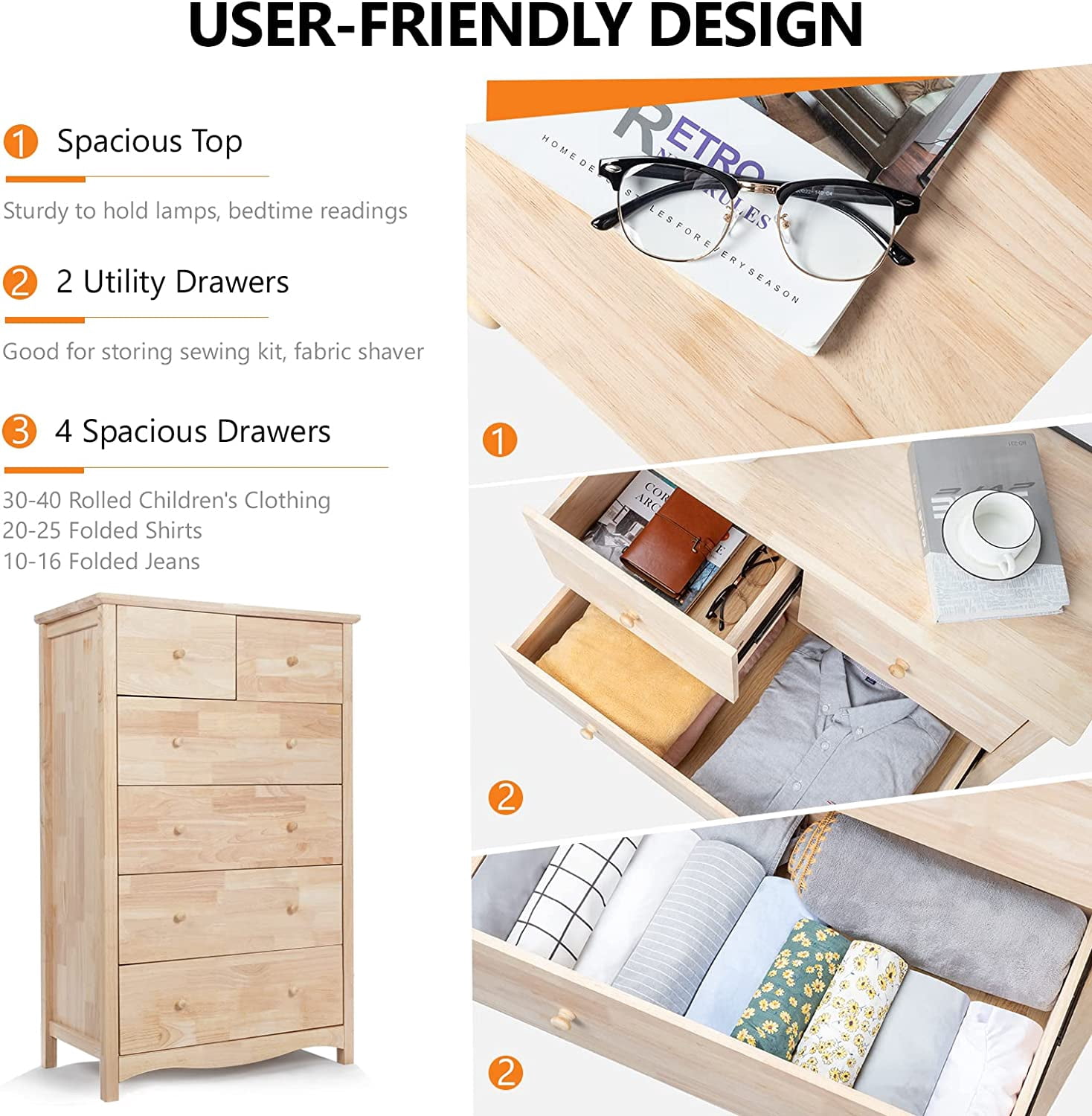 VINGLI Unfinished Farmhouse Natural Solid Wood Tall 6-Drawer Dresser for Bedroom Vintage Dressers Chests of Drawers