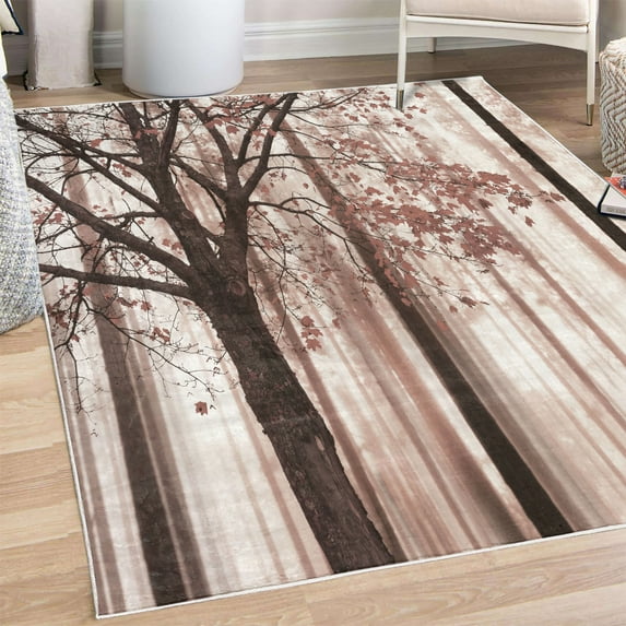 Autumn Decorative Rug, Picture of a Lonely Tree Leaves on an Abstract Woodland Background Print, Quality Carpet for Bedroom Dorm and Living Room, 6 Sizes, Dried Rose, by Ambesonne