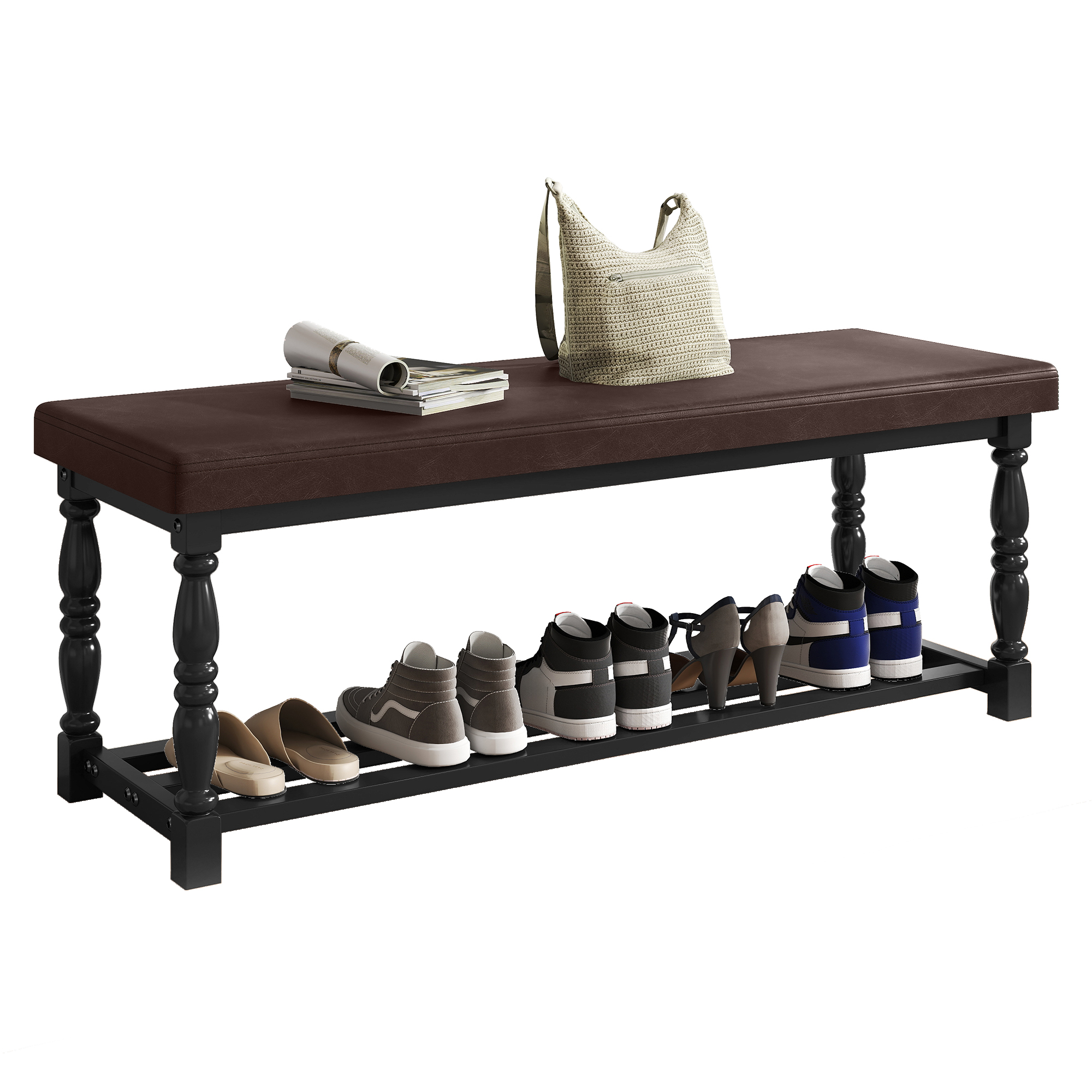 Uforic 48" Rectangular Shoe Bench with Shelves, Storage & Cushioned  Seat,Shoe Rack with Roman Style Legs - Black & Brown