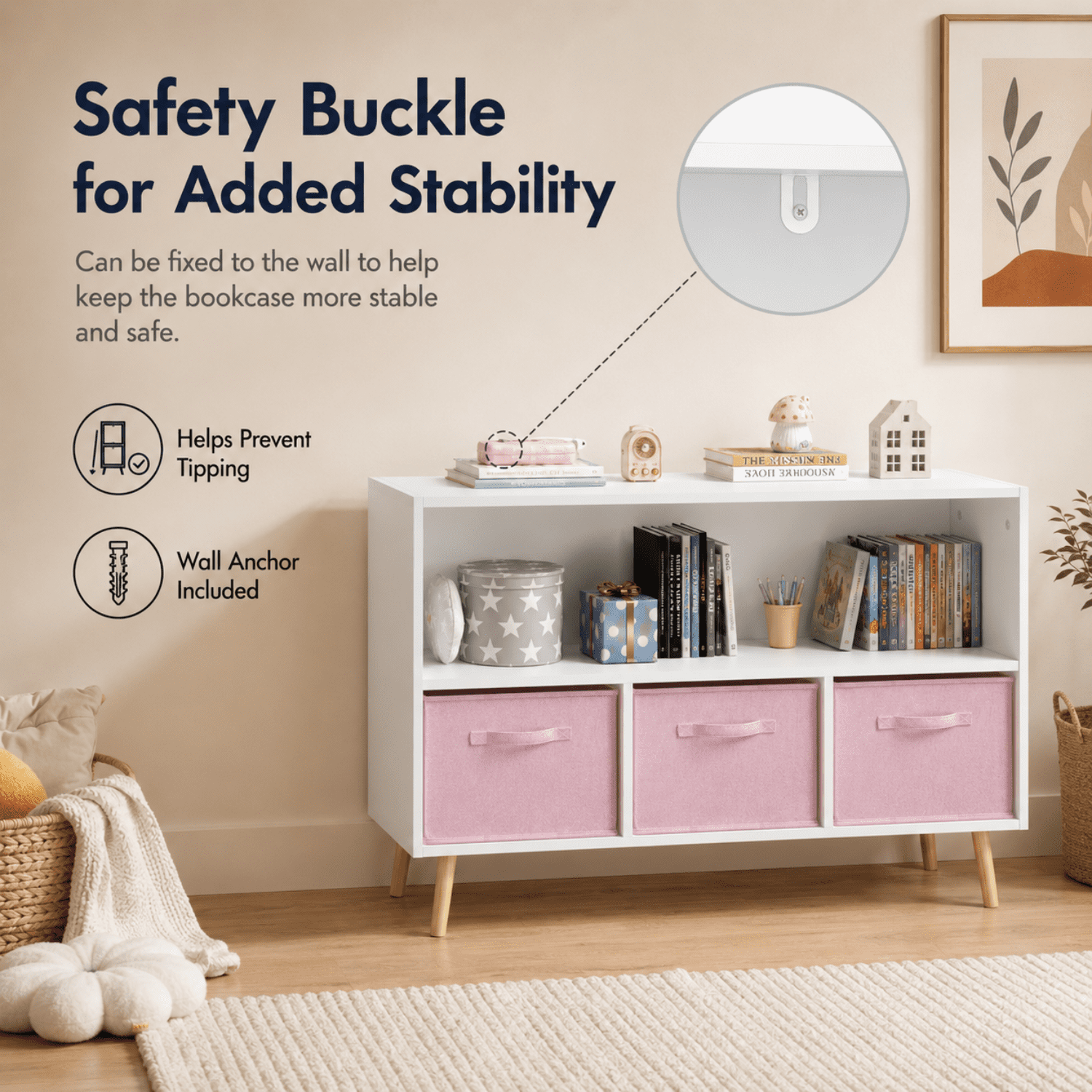 Miniyam Kids Bookcase with Storage Bins, 3 Fabric Drawers, Wooden Toy Organizer for Kids Room, Pink