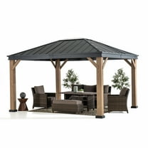 Sunjoy 11 x 13 ft. Hardtop Gazebo Outdoor Black Steel Gazebo with Skylight for Patio, Garden and Backyard Activities, Black