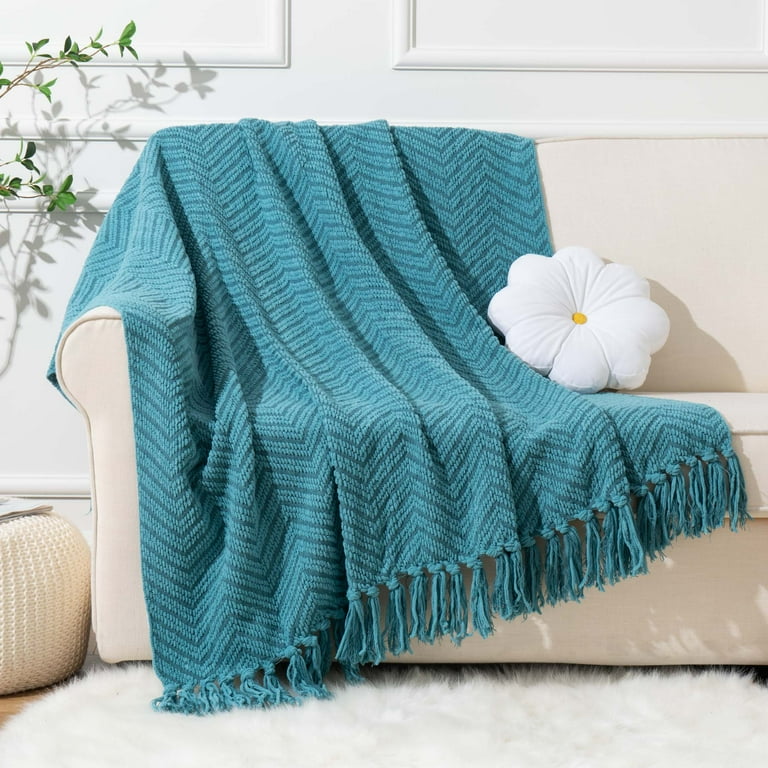 Battilo Teal Throw Blanket Herringbone Throw Knit Woven Turquoise Blankets Housewarming Gifts 50