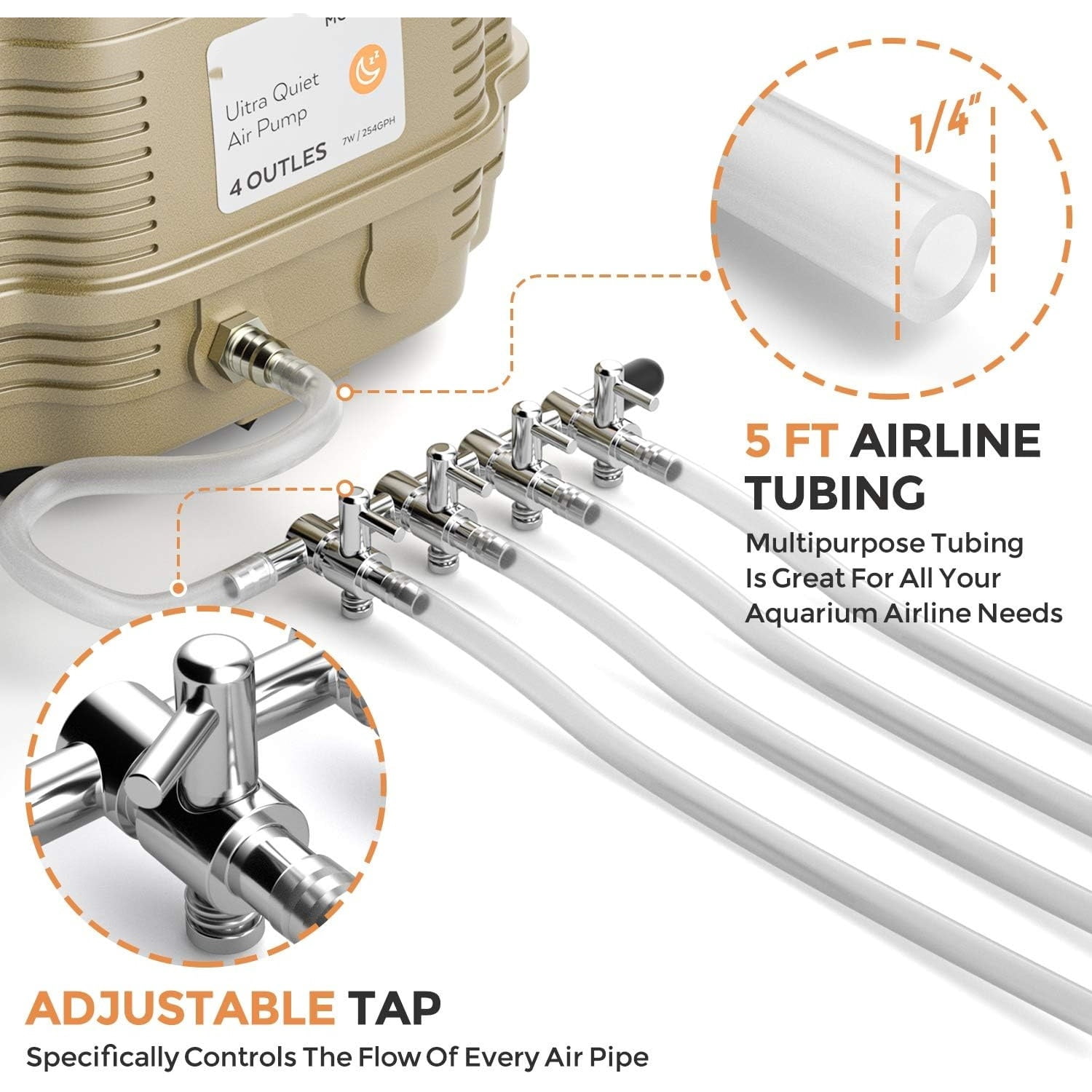 Ultra Silent Aquarium Air Pump - 245 Gallon/Hr, 4 Adjustable Outlets - Commercial & Hydroponics Oxygen Bubbler for Fish Tank & Pond