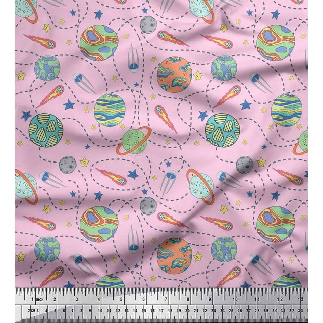 Soimoi Pink Poly Georgette Fabric Planet & Stars Galaxy Fabric Prints By Yard 52 Inch Wide