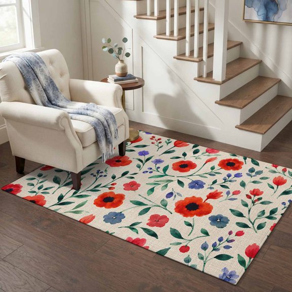 Area Rugs 4'x6'. Watercolor Floral Carpet Runner Indoor Outdoor Rugs Home Decor Aesthetic, Spring Red Poppy Flower Botanical Beige Non Slip Mats Washable Accent Rug for Living Room Bedroom