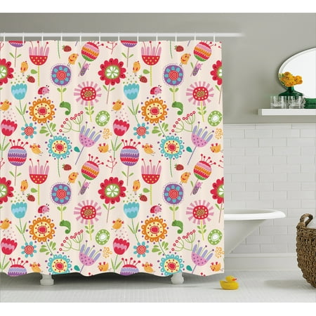 Floral Shower Curtain Cartoon Drawing Style Ladybug Strawberry