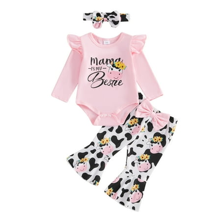 

Owls Yard Girls Fall Outfit Letters Print Romper with Cow Pants and Headband