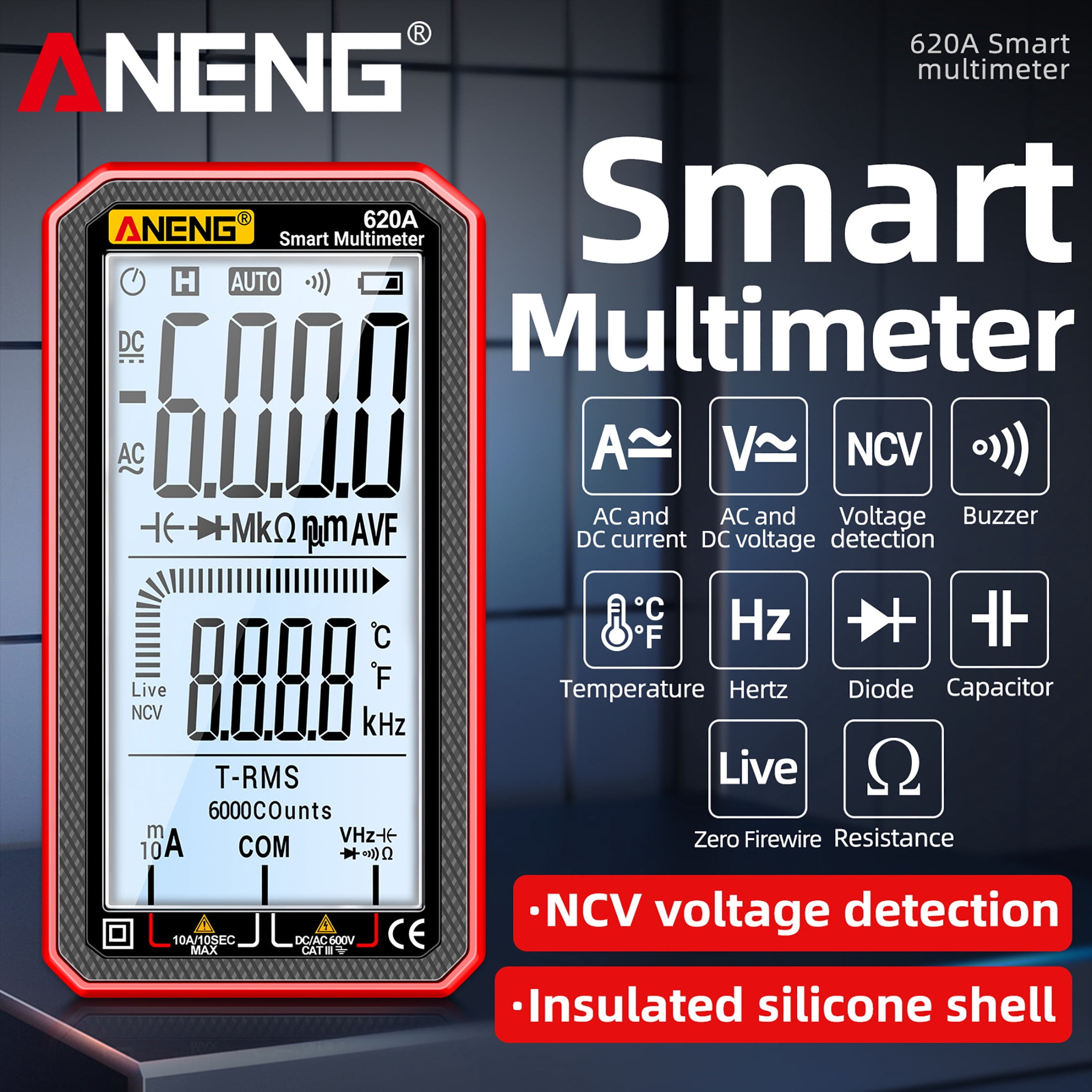 ANENG 620A Smart Digital Multimeter 6000 Counts True RMS, NCV, AC/DC Voltage/Current, Resistance/Capacitance/Temperature Tester with Flashlight