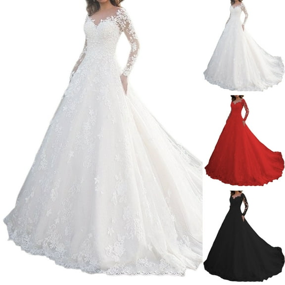 BAETEUY Women's Evening Dress, Lace Floral Embroidered, A-Line, Big Swing, V-Neck, Long Sleeves, Back Zipper Closure, Prom, Wedding, Party, Maxi Dress