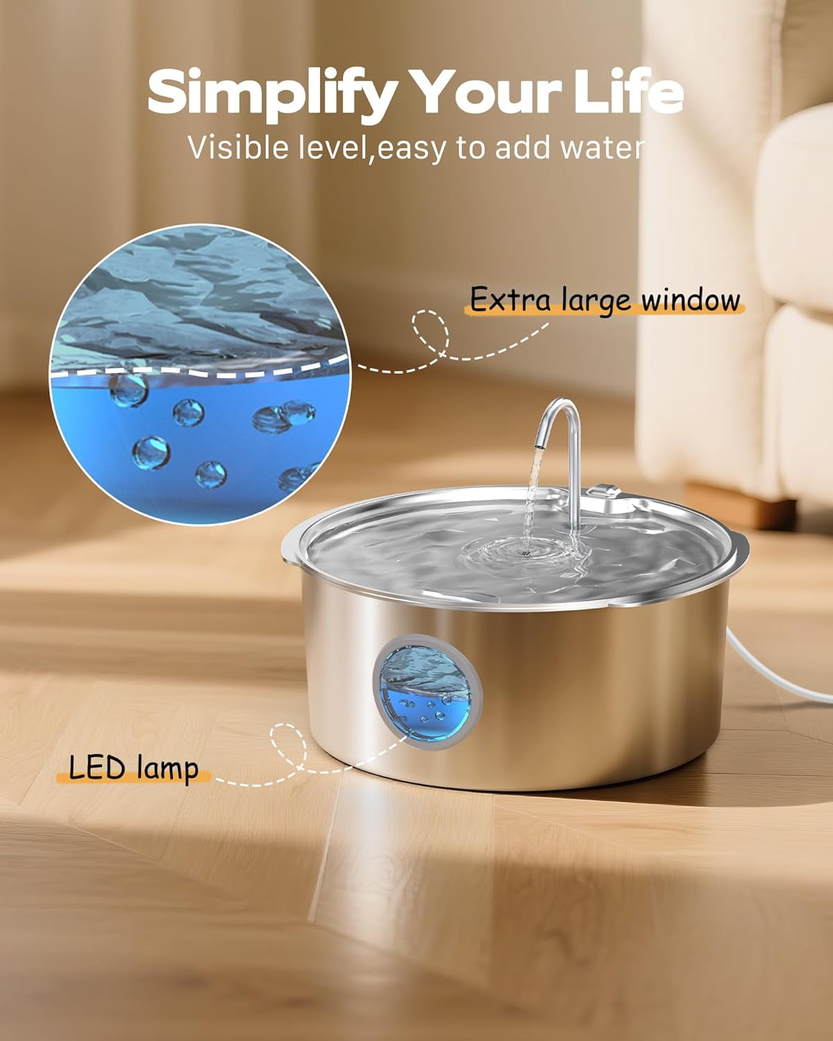 Large Stainless Steel Dog Water Fountain - 3.2 Gallon/12L Super Quiet Pet Fountain with Water Level Indicator for Multi-Pet Homes