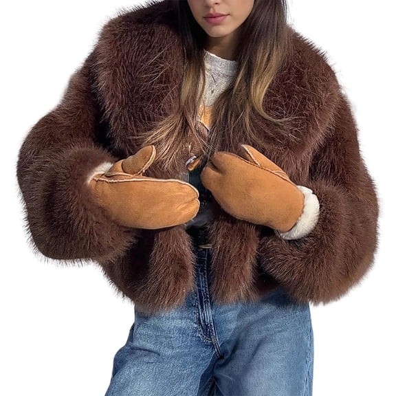 Women's Fluffy Jacket Long Sleeve Lapel Furry Winter Jackets Shaggy Parka Short Coat