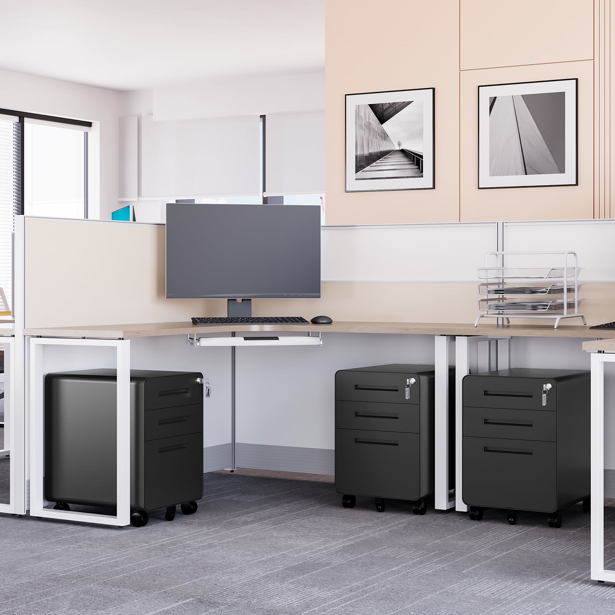 AUHUP 3 Drawer Mobile File Cabinet with Lock, Metal Filing Cabinet with Wheels for Legal/Letter/A4 File, Under Desk File Cabinets for Home Office,Black,Fully Assembled