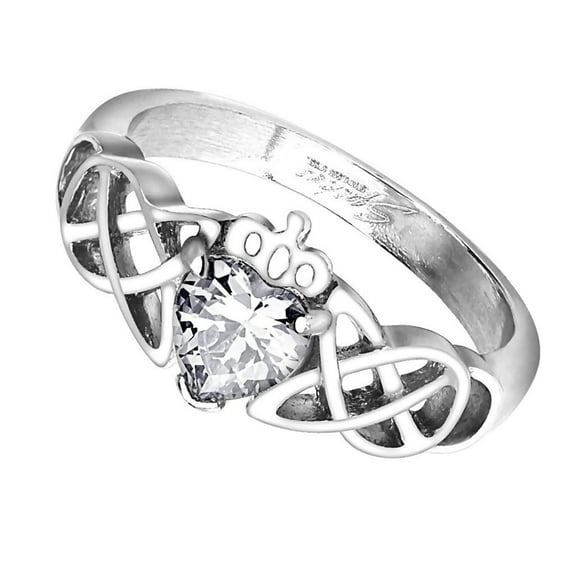 Celtic Knot Claddagh Ring Heart-Shaped CZ Stone Solitaire