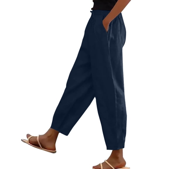Linen Barrel Pants for Women Wide Leg Palazzo Cotton Drawstring Capris Casual Summer Beach Vacation Boho Baggy Trousers Pull On Dark Blue 2XL