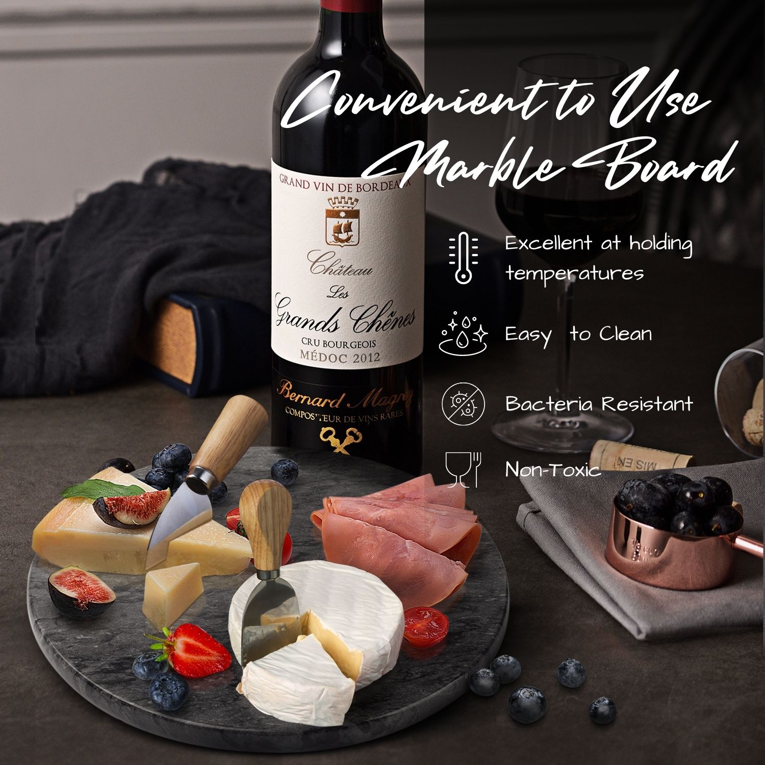 Marble Pastry Board - Black, 12 inch Round Non-Stick Stain & Heat Resistant Charcuterie Cheese Dough Cutting Serving Cutlery Board Tray for Parties, Kitchen