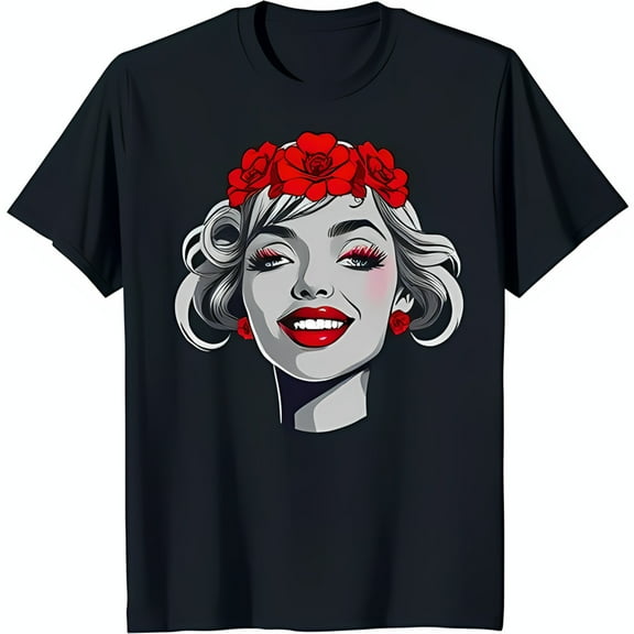 Stylish Black T-Shirt with Vibrant Graphic of Happy Woman & Red Flowers