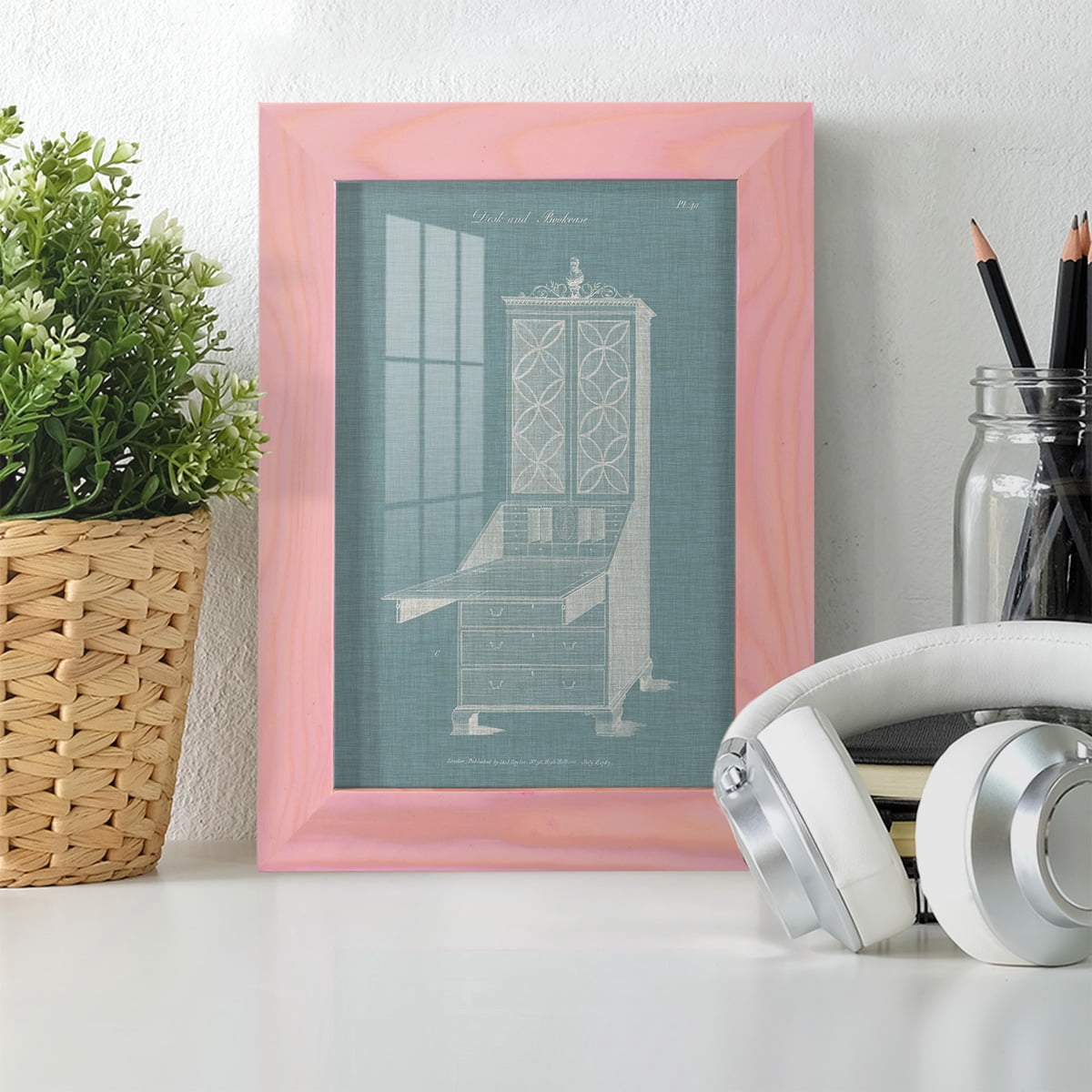 Hepplewhite Desk & Bookcase II - Framed Print w/glass - Sunset Pink