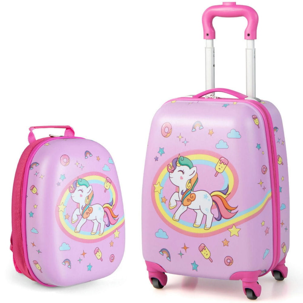 GVN 2 Pieces Kids Carry-on Luggage Set with 12 Inch Backpack-Pink, Kids' Luggage, Riding Suitcase for Kids