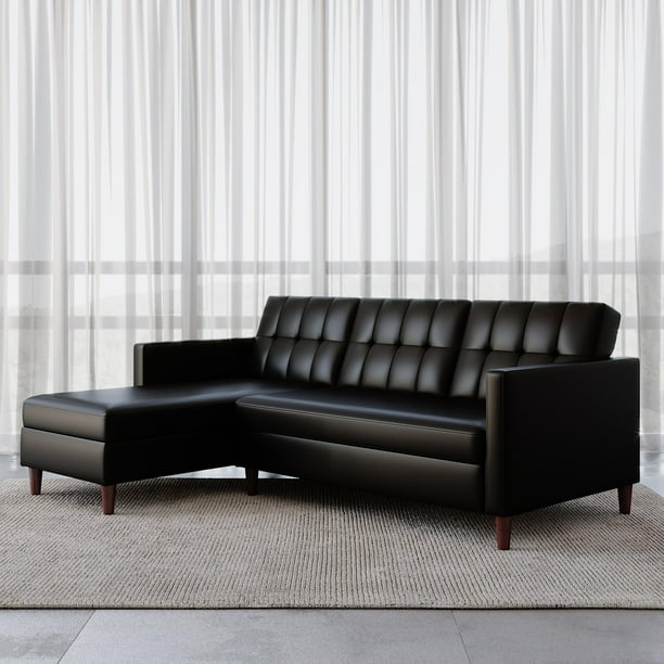 Dhp Hartford Storage Sectional Futon With Chaise Black Faux Leather Com Dhp Hartford Storage Sectional Futon, Leather Sofa Bed With Storage Chaise