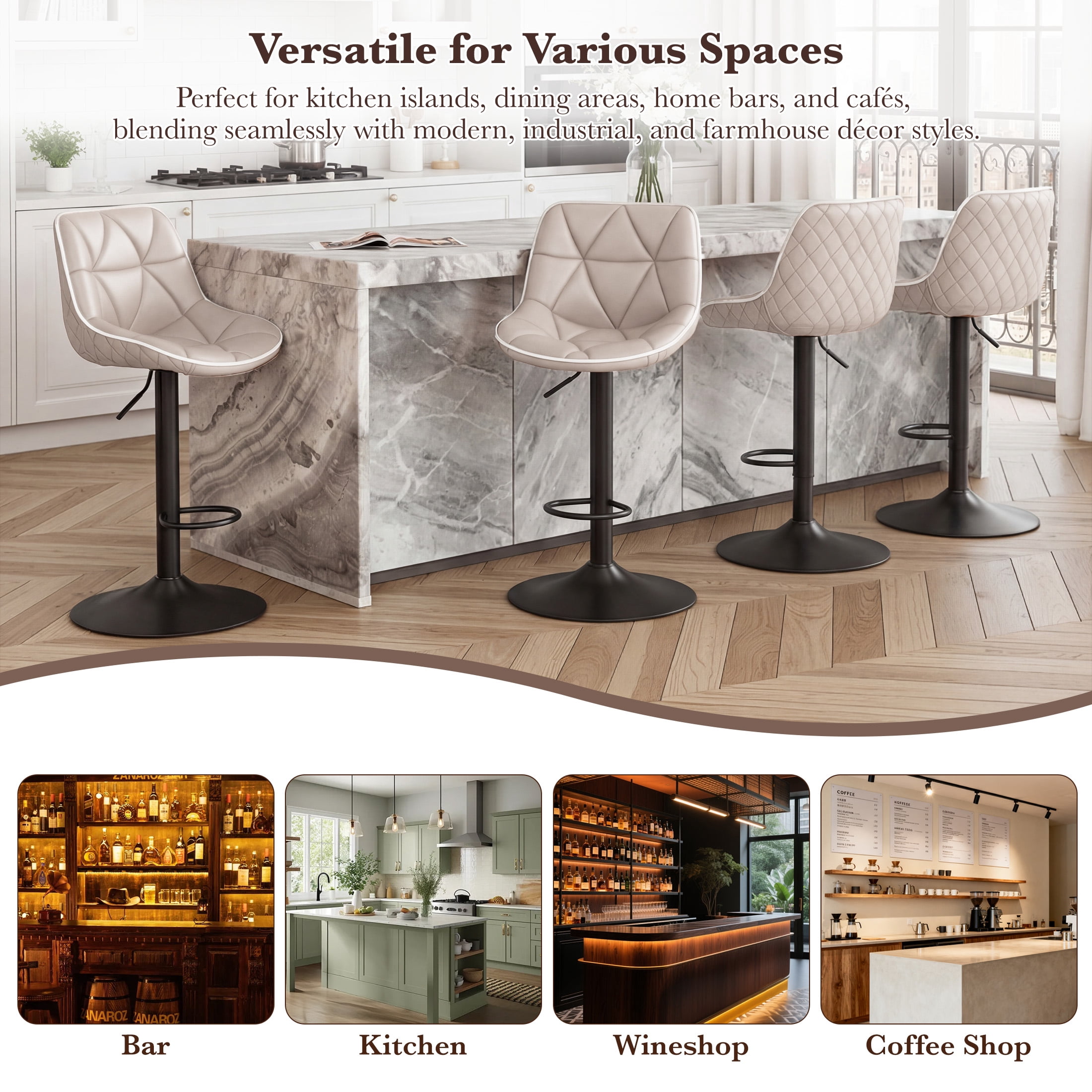 Hawsaiy Bar Stools Set of 2, Adjustable Swivel Counter Height Bar Stools with Back, Upholstered Modern Barstools with Diamond Stitching, Khaki